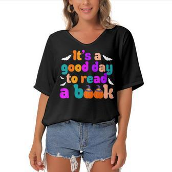 Its A Good Day To Read A Book Book Lovers Halloween Costume Women's Bat Sleeves V-Neck Blouse - Seseable