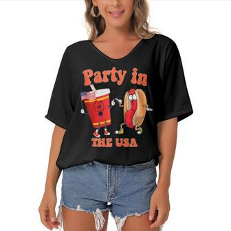 Party In The Usa 4Th Of July Funny Women's Bat Sleeves V-Neck Blouse - Seseable