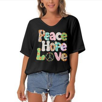 Peace Sign Love 60S 70S Tie Dye Hippie Halloween Costume V3 Women's Bat Sleeves V-Neck Blouse - Seseable