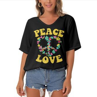 Peace Sign Love 60S 70S Tie Dye Hippie Halloween Costume V7 Women's Bat Sleeves V-Neck Blouse - Seseable