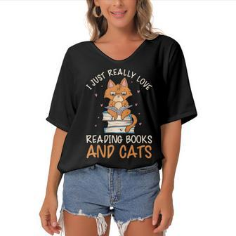 Reading Books And Cats Cat Book Lovers Reading Book Women's Bat Sleeves V-Neck Blouse - Thegiftio UK