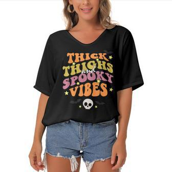 Retro Groovy Thick Thighs And Spooky Vibes Funny Halloween V2 Women's Bat Sleeves V-Neck Blouse - Seseable