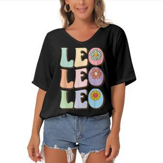 Retro Leo Zodiac Sign Astrology July August Birthday Leo V2 Women's Bat Sleeves V-Neck Blouse - Seseable