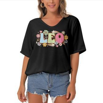 Retro Leo Zodiac Sign Astrology July August Birthday Leo V3 Women's Bat Sleeves V-Neck Blouse - Seseable