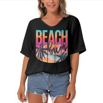 Retro Vintage Beach Bum Beach Lover Summer Vacation Women's Bat Sleeves V-Neck Blouse - Seseable