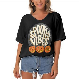 Spooky Vibes Pumpkin And Spiderweb Halloween Vintage Women's Bat Sleeves V-Neck Blouse - Seseable
