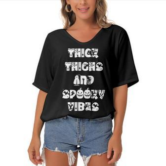 Thick Thighs And Spooky Vibes Spooky Season Halloween V3 Women's Bat Sleeves V-Neck Blouse - Seseable