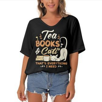 Womens Tea Books And Cats Cat Book Lovers Reading Book Women's Bat Sleeves V-Neck Blouse - Thegiftio UK