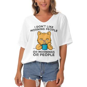 I Dont Like Morning People Or Mornings Or People Cat Coffee  Women's Bat Sleeves V-Neck Blouse