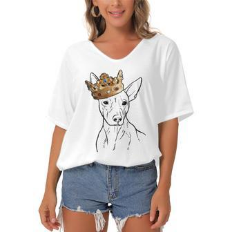 American Hairless Terrier Dog Wearing Crown Women's Bat Sleeves V-Neck Blouse | Mazezy