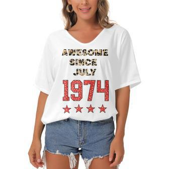 Awesome Since July 1974 Leopard 1974 July Birthday Women's Bat Sleeves V-Neck Blouse - Seseable
