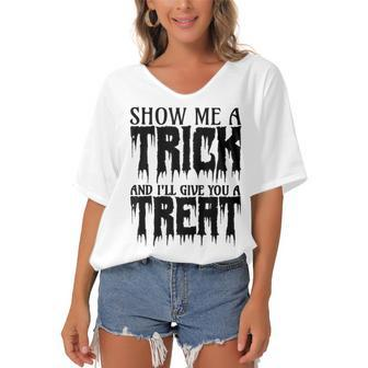 Funny Adult Halloween Costume Party Show Me A Trick Women's Bat Sleeves V-Neck Blouse - Seseable