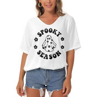 Halloween Ghost Vintage Groovy Trick Or Treat Spooky Vibes Women's Bat Sleeves V-Neck Blouse - Seseable