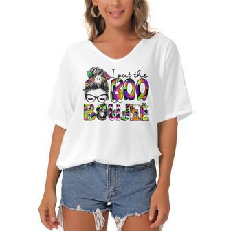 I Put The Boo In Boujee Mama Halloween Costume Messy Bun Women's Bat Sleeves V-Neck Blouse - Seseable