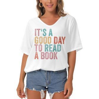 Its A Good Day To Read A Book Women's Bat Sleeves V-Neck Blouse - Seseable