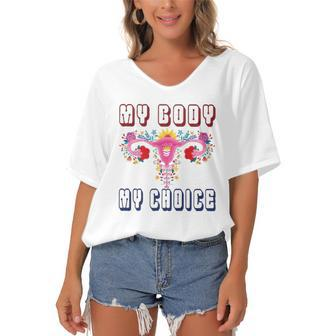My Body My Choice Pro Roe Floral Uterus Women's Bat Sleeves V-Neck Blouse | Mazezy