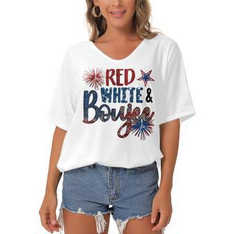 Red White And Boujee 4Th Of July Fourth Of July Vintage Women's Bat Sleeves V-Neck Blouse - Seseable