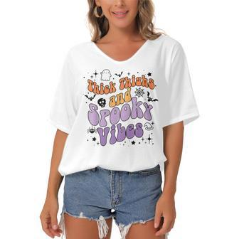 Retro Groovy Thick Thighs And Spooky Vibes Funny Halloween Women's Bat Sleeves V-Neck Blouse - Seseable