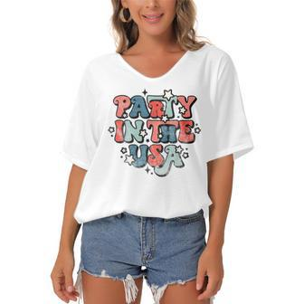 Retro Party In The Usa 4Th Of July Patriotic Women's Bat Sleeves V-Neck Blouse - Seseable