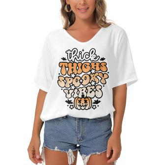 Thick Thighs Spooky Vibes Retro Groovy Halloween Spooky Women's Bat Sleeves V-Neck Blouse - Seseable