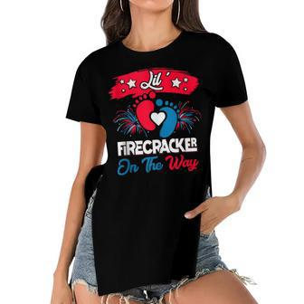 4Th Of July Pregnancy Patriotic Lil Firecracker On The Way Women's Short Sleeves T-shirt With Hem Split - Seseable
