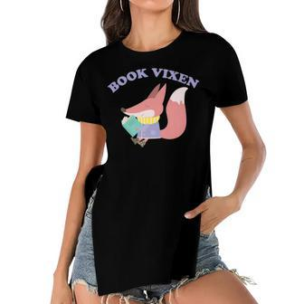 Book Vixen Cute Fox Reading Literary Women's Short Sleeves T-shirt With Hem Split - Seseable