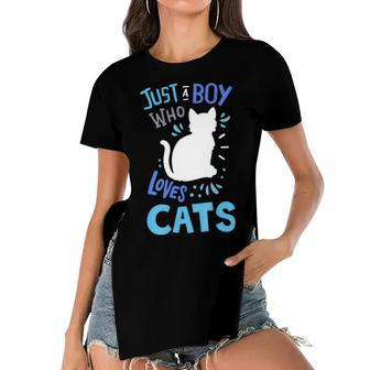 Kids Cat Just A Boy Who Loves Cats Gift For Cat Lovers Women's Short Sleeves T-shirt With Hem Split - Seseable