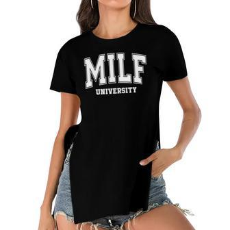 Milf University Vintage Funny Saying Sarcastic Sexy Mom Milf Women's Short Sleeves T-shirt With Hem Split | Mazezy