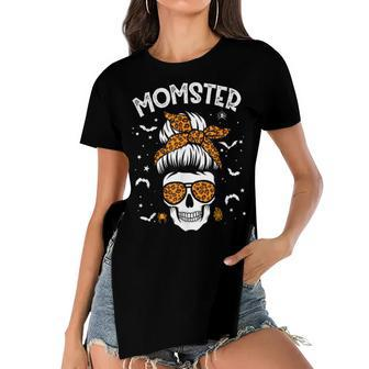 Momster Halloween Costume Skull Mom Messy Hair Bun Monster Women's Short Sleeves T-shirt With Hem Split - Seseable