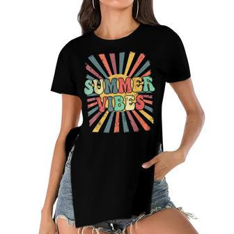 Summer Vibes Vintage Retro Sunshine Tropical Summer Vacation  Women's Short Sleeves T-shirt With Hem Split
