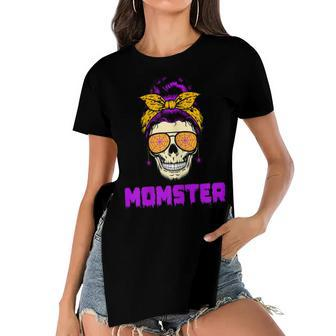 Womens Messy Bun Halloween Costume Monster Mom Momster Women's Short Sleeves T-shirt With Hem Split - Seseable