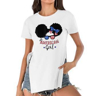 All American Girls 4Th Of July Black African Messy Bun Women's Short Sleeves T-shirt With Hem Split - Seseable