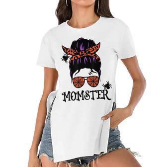 Funny Halloween Messy Bun Leopard Pumpkin Momster Women's Short Sleeves T-shirt With Hem Split - Seseable