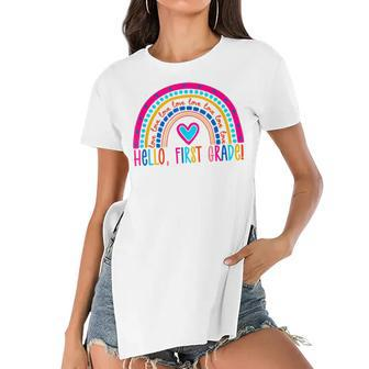Hello First Grade Rainbow Back To School Teacher Kids Women's Short Sleeves T-shirt With Hem Split - Seseable