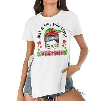 Just A Girl Who Loves Watermelon Lovers Tie Dye Messy Buns Women's Short Sleeves T-shirt With Hem Split - Seseable
