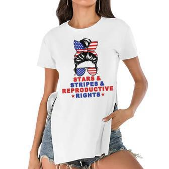 Messy Bun Stars Stripes & Reproductive Rights 4Th Of July Women's Short Sleeves T-shirt With Hem Split - Seseable