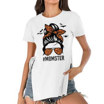 Mom Messy Bun Halloween Leopard Womens Momster Funny Spooky Women's Short Sleeves T-shirt With Hem Split - Seseable
