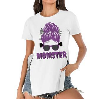 Momster Frankenstein Messy Bun Funny Mom Halloween Costume Women's Short Sleeves T-shirt With Hem Split - Seseable