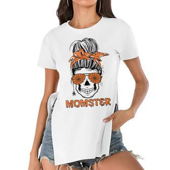 Momster Halloween Costume Skull Mom Messy Hair Bun Women's Short Sleeves T-shirt With Hem Split - Seseable