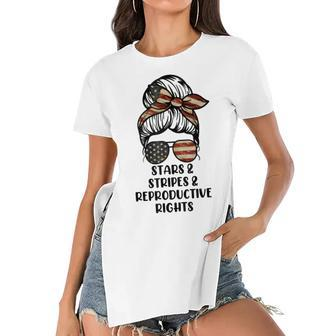 Stars Stripes Reproductive Rights Messy Bun 4Th Of July Women's Short Sleeves T-shirt With Hem Split - Seseable