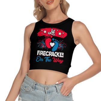 4Th Of July Pregnancy Patriotic Lil Firecracker On The Way Women's Sleeveless Bow Backless Hollow Crop Top - Seseable