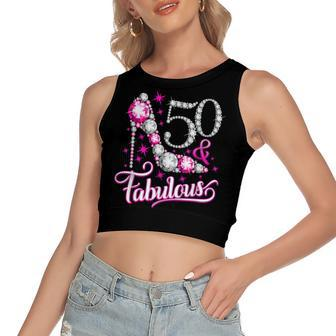 50 & Fabulous 50 Years Old 50Th Birthday Diamond Crown Shoes V3 Women's Sleeveless Bow Backless Hollow Crop Top - Seseable