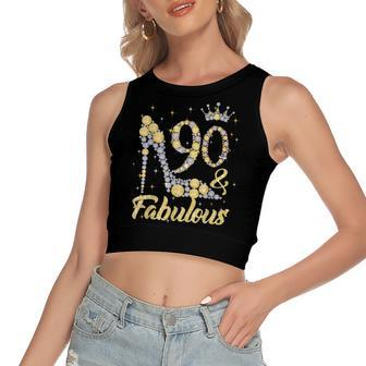 90 & Fabulous 90 Years Old 90Th Birthday Diamond Crown Shoes Women's Sleeveless Bow Backless Hollow Crop Top - Seseable