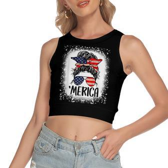Bleached Merica 4Th Of July Girl Sunglasses Messy Bun Women's Sleeveless Bow Backless Hollow Crop Top - Seseable