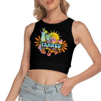 Cute Summer Tanned And Tipsy Funny Salty Beaches Girls Trip V2 Women's Sleeveless Bow Backless Hollow Crop Top - Seseable