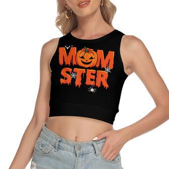 Funny Momster Halloween Mom Pumpkin Costume Family Matching Women's Sleeveless Bow Backless Hollow Crop Top - Seseable
