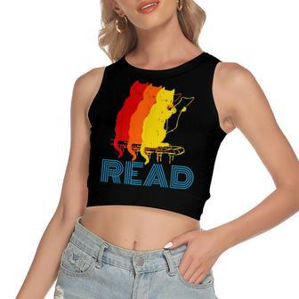 Vintage Novelty Cat Reading Funny Retro Kids Gift T Women's Sleeveless Bow Backless Hollow Crop Top - Seseable