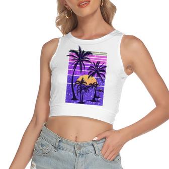 Summer Vintage Paradise Vacation Sunset Palm Retro Tropical  Women's Sleeveless Bow Backless Hollow Crop Top