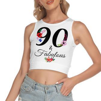 90 & Fabulous 90 Years Old Vintage Floral 1932 90Th Birthday Women's Sleeveless Bow Backless Hollow Crop Top - Seseable