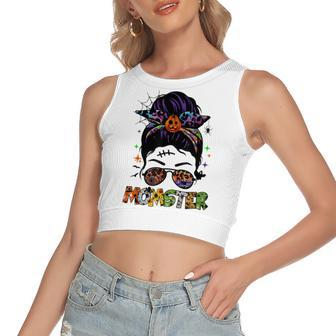 Momster Halloween Funny Mom Messy Hair Bun Momster Gift Women's Sleeveless Bow Backless Hollow Crop Top - Seseable
